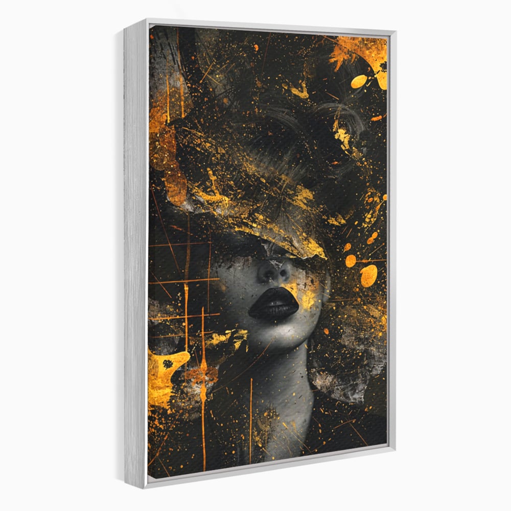 Tablou canvas cu tablou canvas cu portret feminin si pete aurii, in rama de aluminiu argintiu